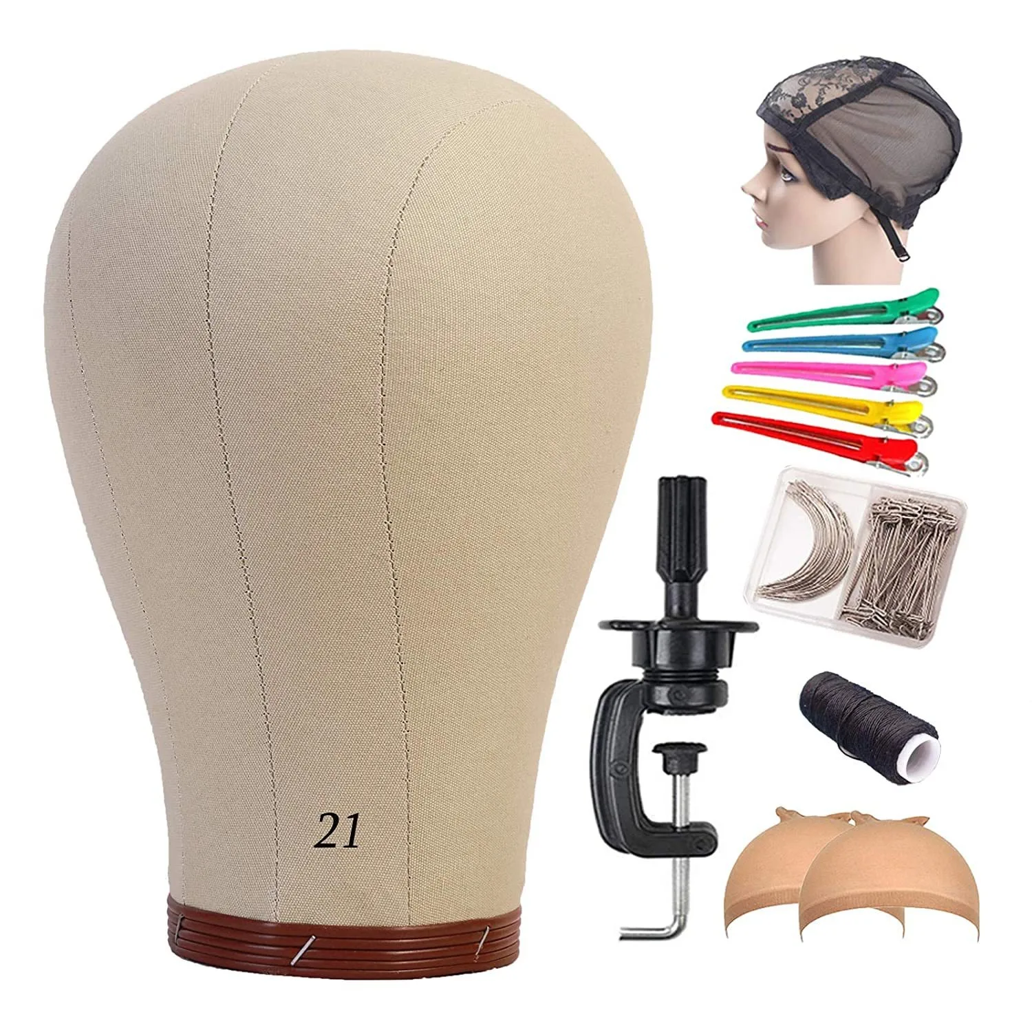 Wholesale 21 Inch Canvas Wig Head,Manikin Canvas Head Block Set for Wigs Making Display with Wig caps,T Pins DIY Set