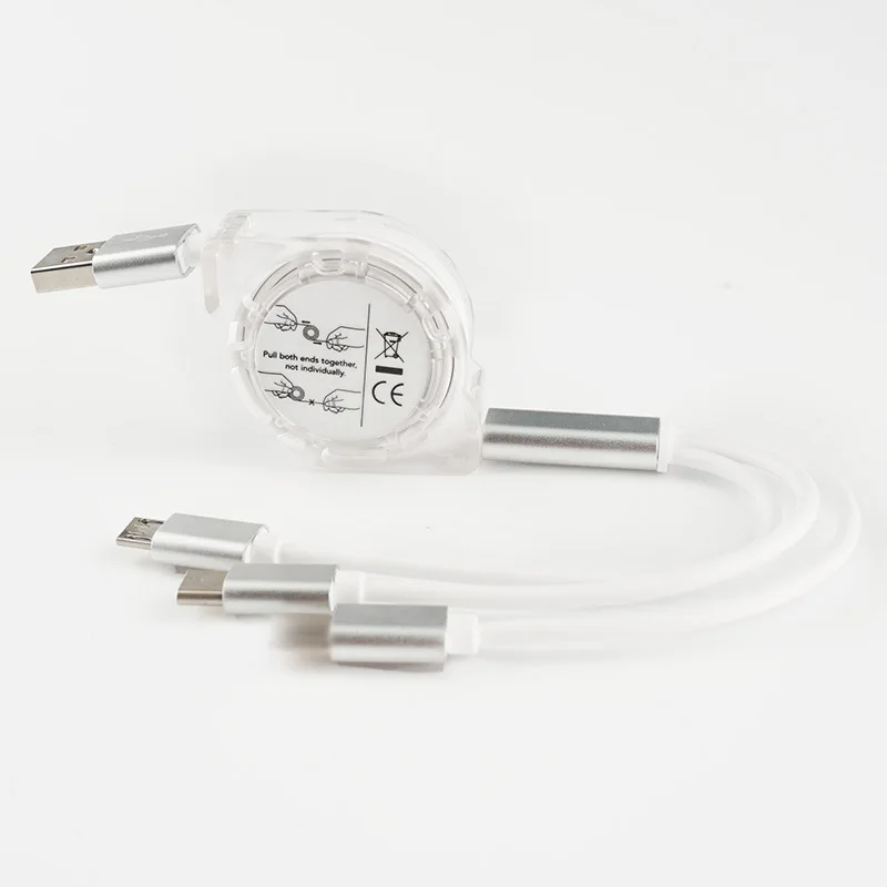 
Fast Charging 3 in 1 Retractable Flat Cable Design Pure Copper Wire for Type C Lighting Micro USB Cable White Color 