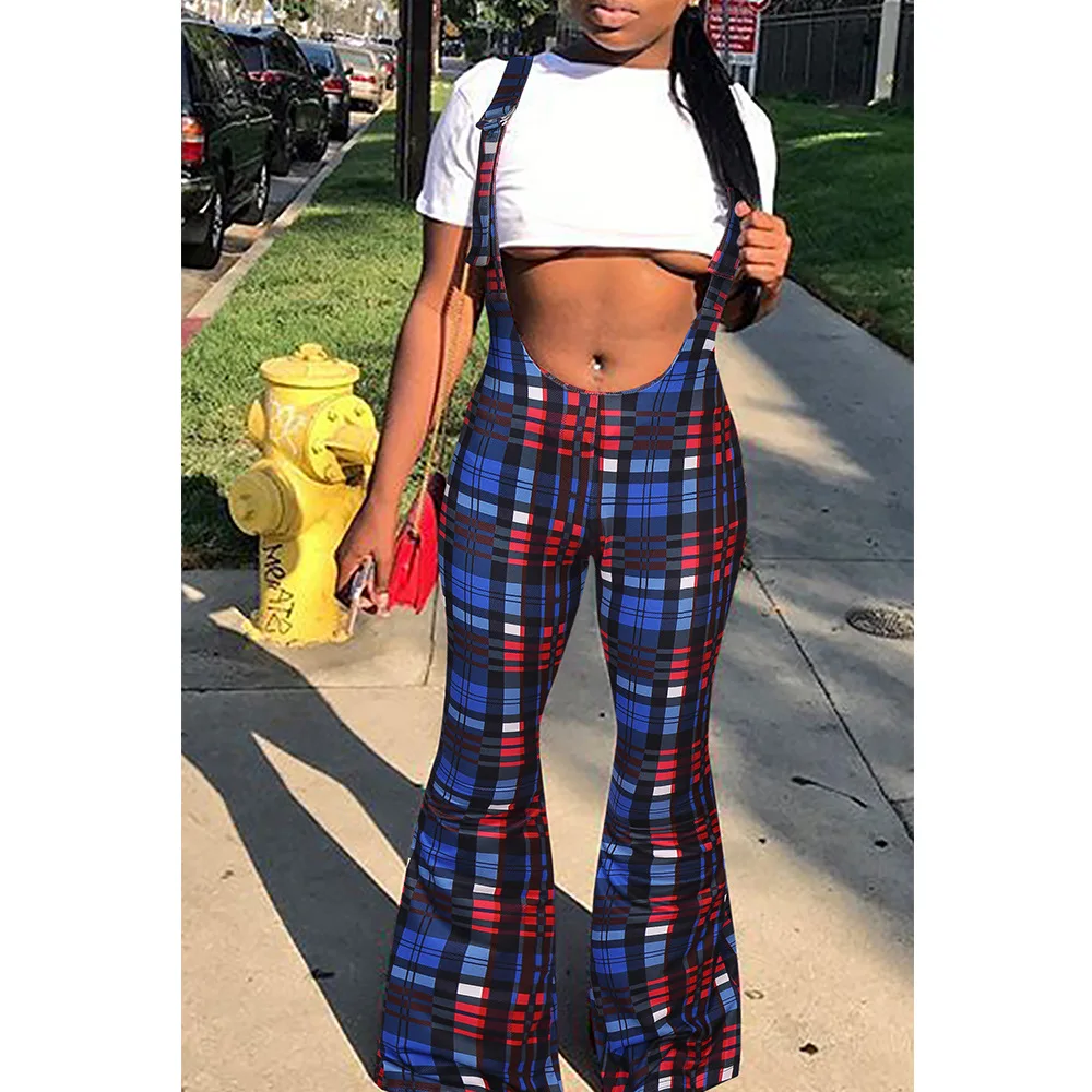 Plaid print suspenders jumpsuit Stylish slim pants zipper casual bell bottoms women grid pants