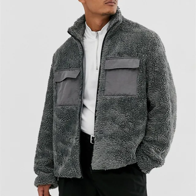 Wholesale men winter  zip fastening funnel collar fleece borg jacket