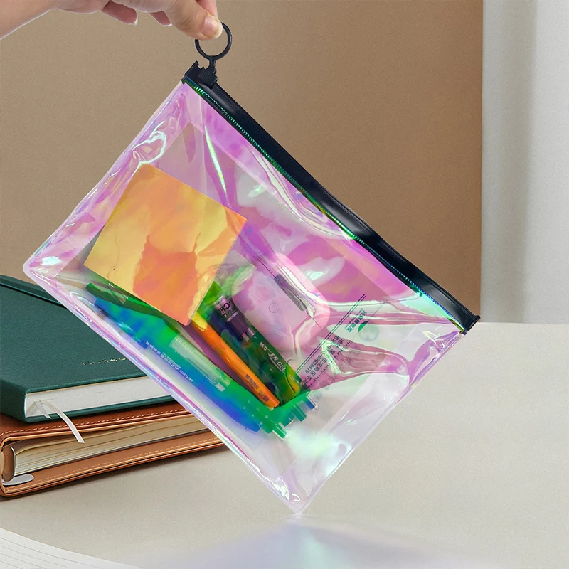 Luxury 24X17cm Label Cosmetic Bags Laser Pvc Plastic pencil case With  Zipper Custom Holographic Laser Plastic Ziplock Bag