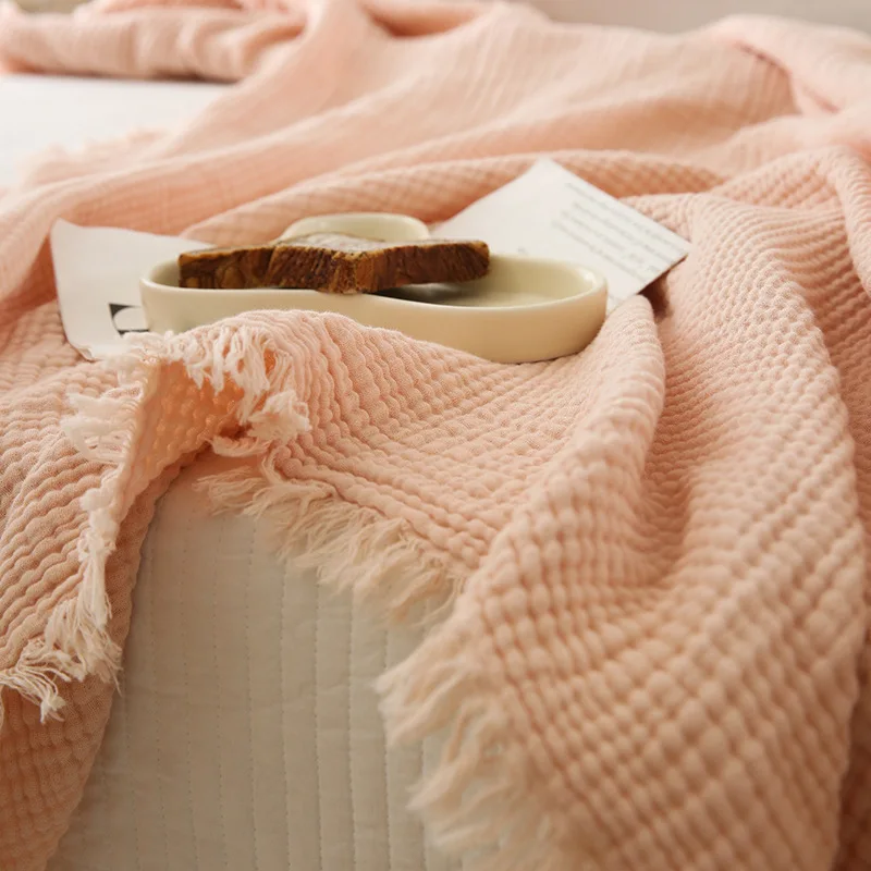 Custom Label Cotton Gauze Blanket Low Price Baby Muslin Blanket 4 Layers Knitted Throw Blanket With Tassels