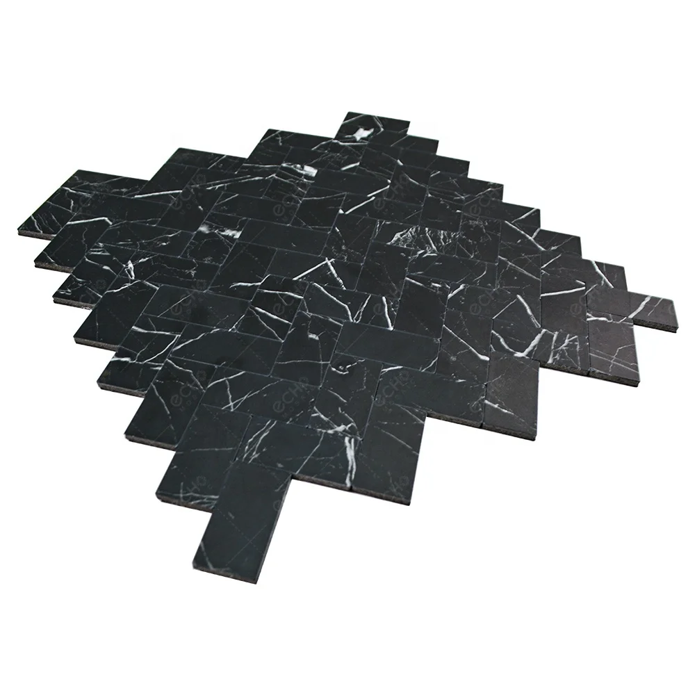 No Grout Herringbone Black Nero Margiua Marble Design Self Adhesive Aluminium Mosaic Tile for Kitchen