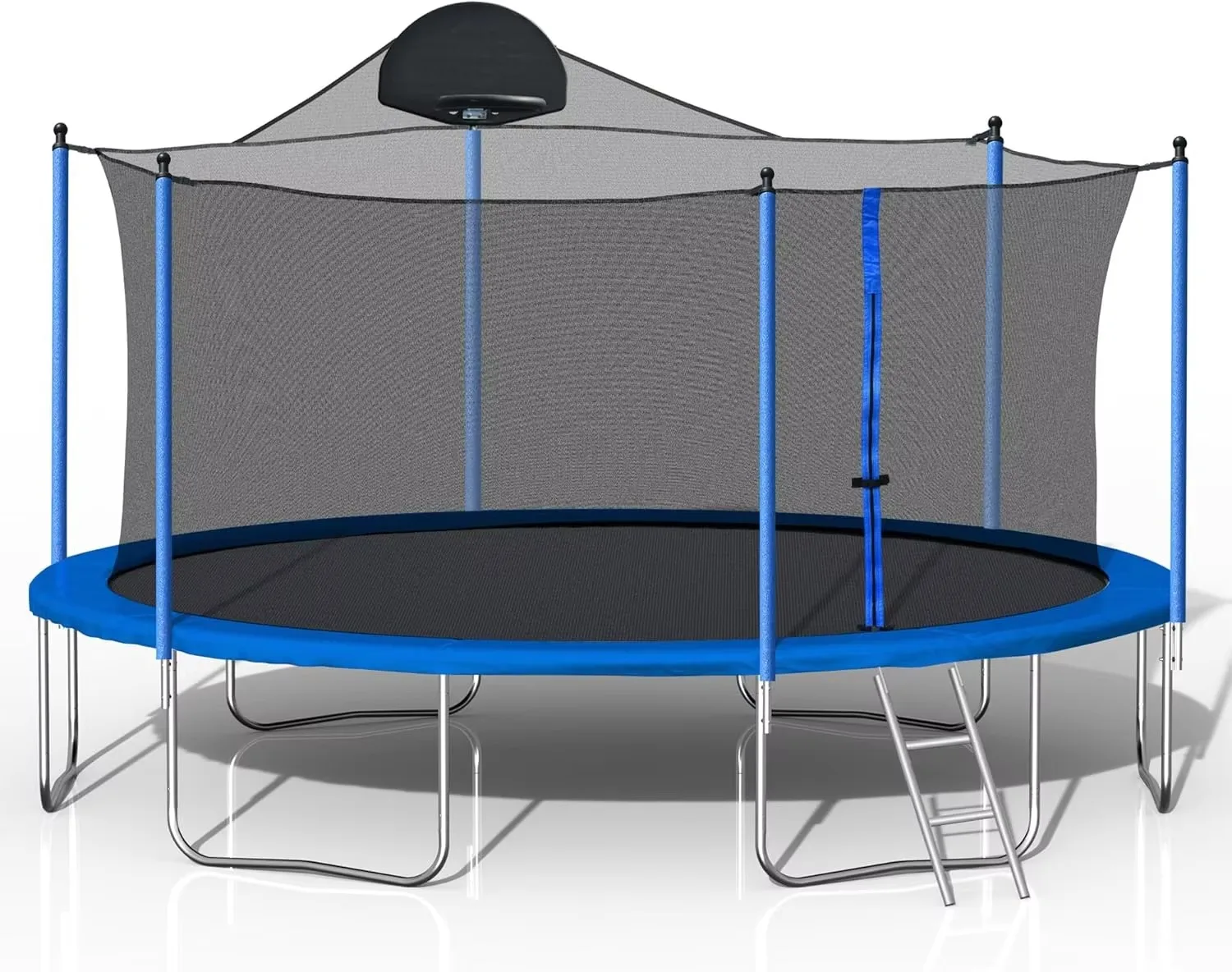 Home & park trampolines. Child-friendly, large & commercial. With safety nets. Bouncing beds, some with basketball hoops.