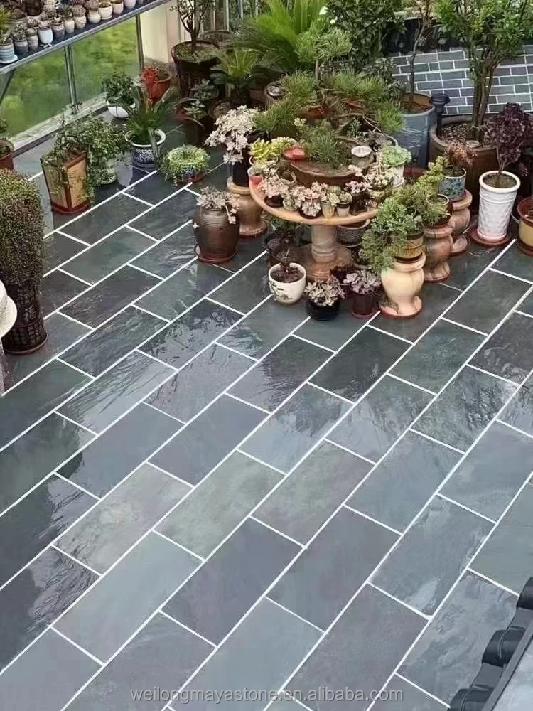 Wholesale Cheap Chinese Natural Stone Slabs Black Slate Garden Floor Covering Split Cut-to-Size Outdoor Modern Traditional