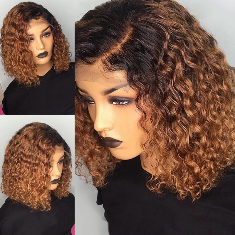 1B/27 Ombre Color Short Curly  Human Hair Wigs With Baby Hair Pre Plucked  Lace Bob Wigs Bleached Knots