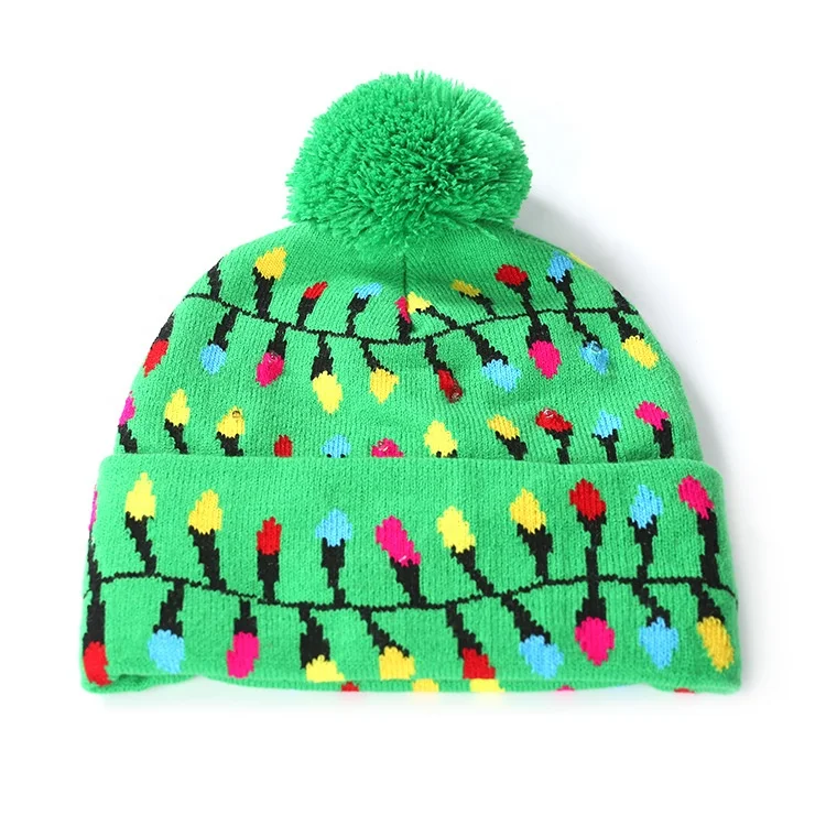 Wholesale Price New Winter Festival Xmas Party Pompom Led Hats Kids Light-up Caps Women Christmas Knitted Beanies