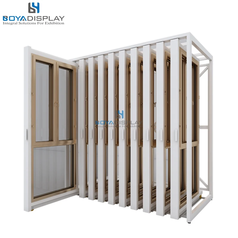 Custom Showroom Pull Push Wooden Door Window Metal Rack Ceramic Tile Wood Flooring Sliding Stand Door Sample Frame Display Rack