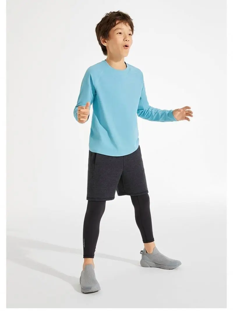 2024 new Autumn and winter  round neck long sleeve soaking wet air elastic with solid color quick dry sports T-shirt for boys