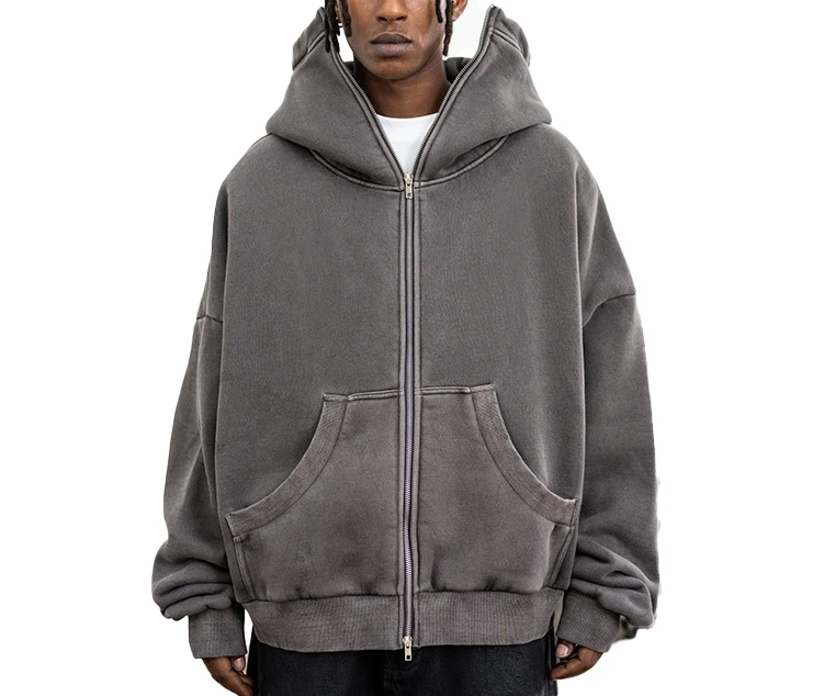 YALI Premium 3D Embossed Zip Up Custom Ninja Double Zipper Sherpa Lined Washed Hoodie