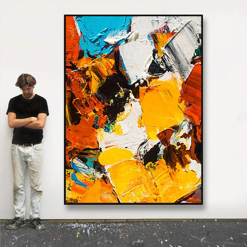 Pure hand-painted oil painting abstract wall art black and white orange modern decorative picture