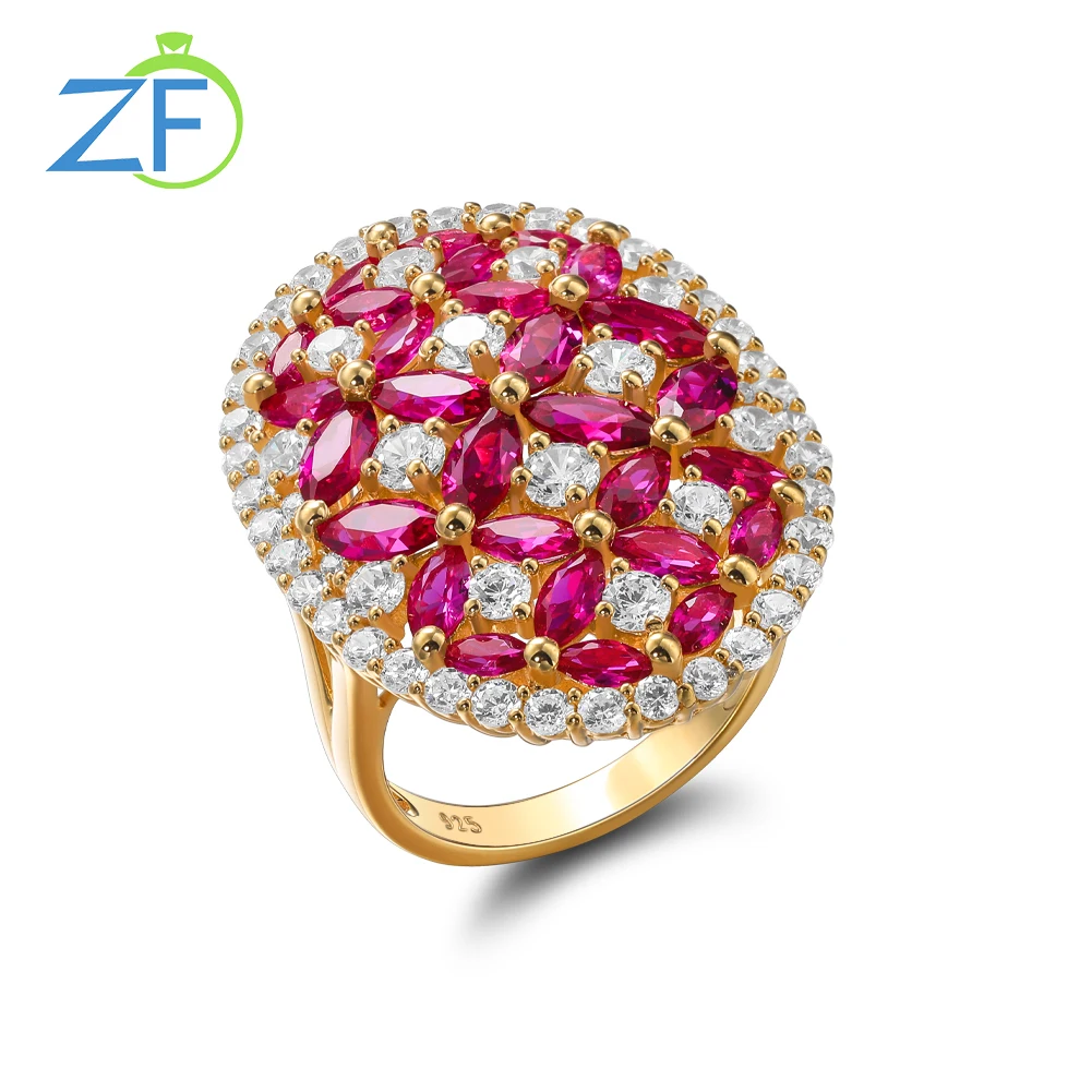 Luxury Custom natural red big gemstone 14K Yellow Fashion jewelry 925 Sterling Silver wedding rings
