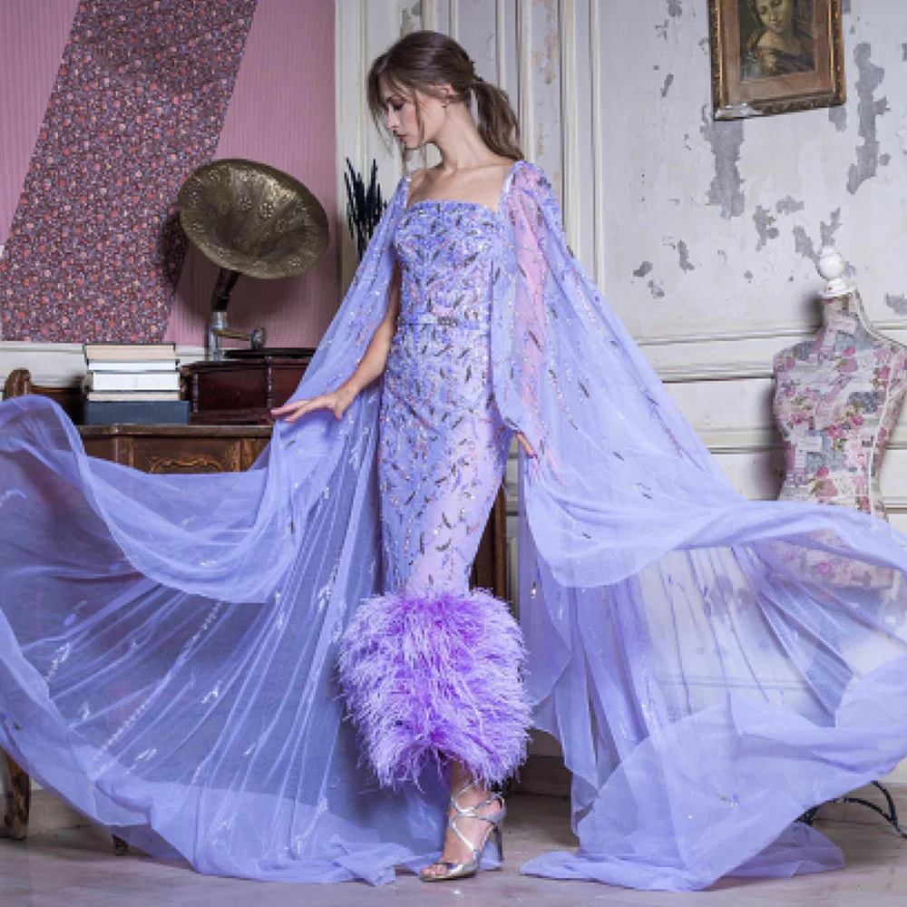 Scz025-2 Dubai Luxury Feathers Lilac Evening Dress With Cape Sleeves Ankle Length Midi Arabic Women Wedding Party Gowns