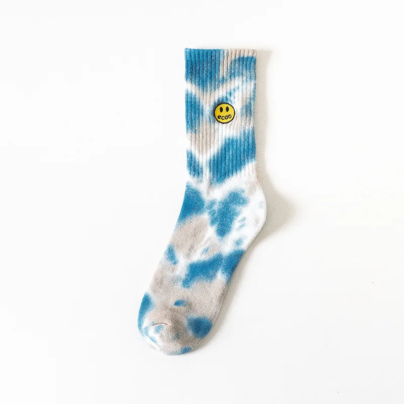 Fashion Brand Paint-splashing Nk Style Trendy Unisex Slouch Tie Dye Sox Happy Face Custom Embroidered Mid-length Tye Dye Socks