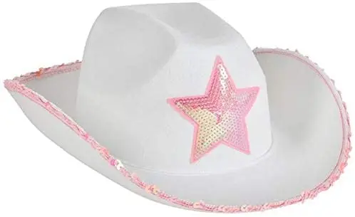 Adult Novelty  White Felt Cowgirl Hat with Pink sequin Star Cowboy Hat for Costume Party