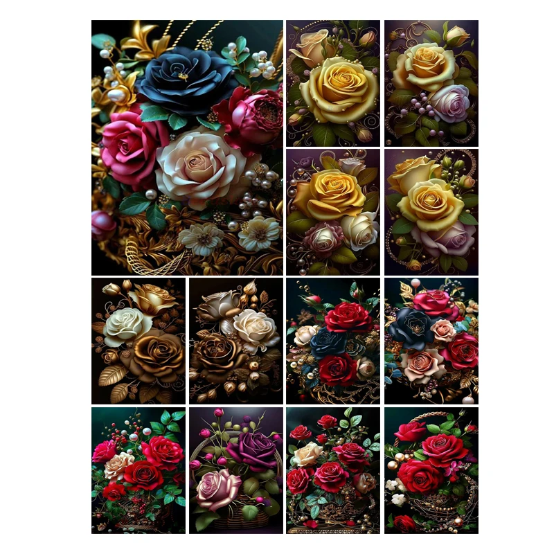 New 2024 Diamond Art Painting Golden Rose 5D DIY Full Diamond Embroidery Cross Stitch Kit Flower Jewelry Mosaic Rhinestones