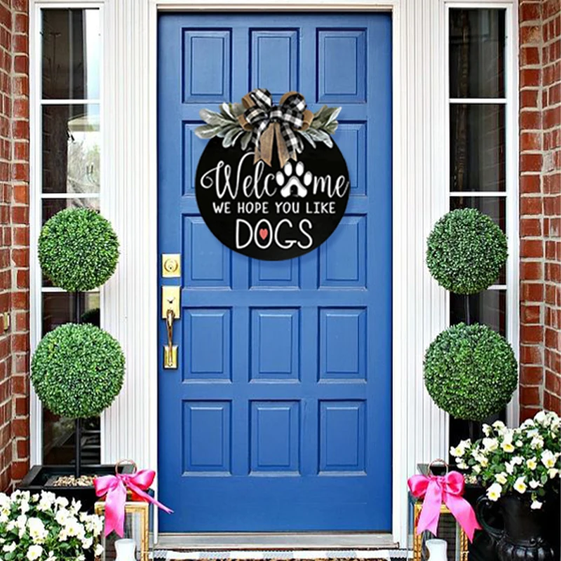 16 Inch Welcome Sign Front Door Hanger Wreath Welcome Me  We Hope You Like Dogs Farmhouse Door for Home Decoration Outdoor Ind