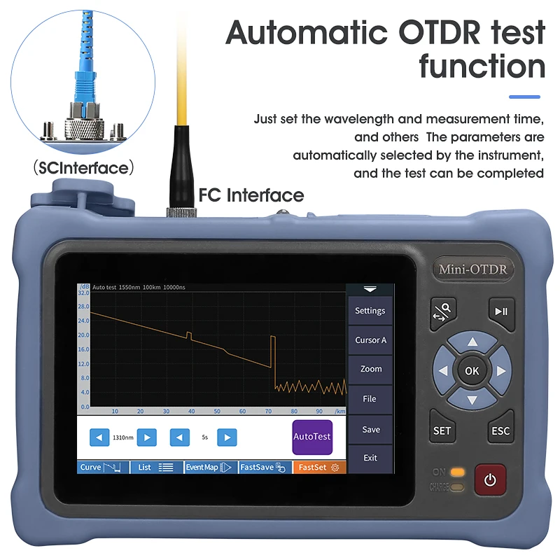 AUA800U MINI OTDR 1310/1550nm 26/24dB Fiber Optic Reflectometer Touch Screen VFL OLS OPM Event Map Ethernet Cable Tester