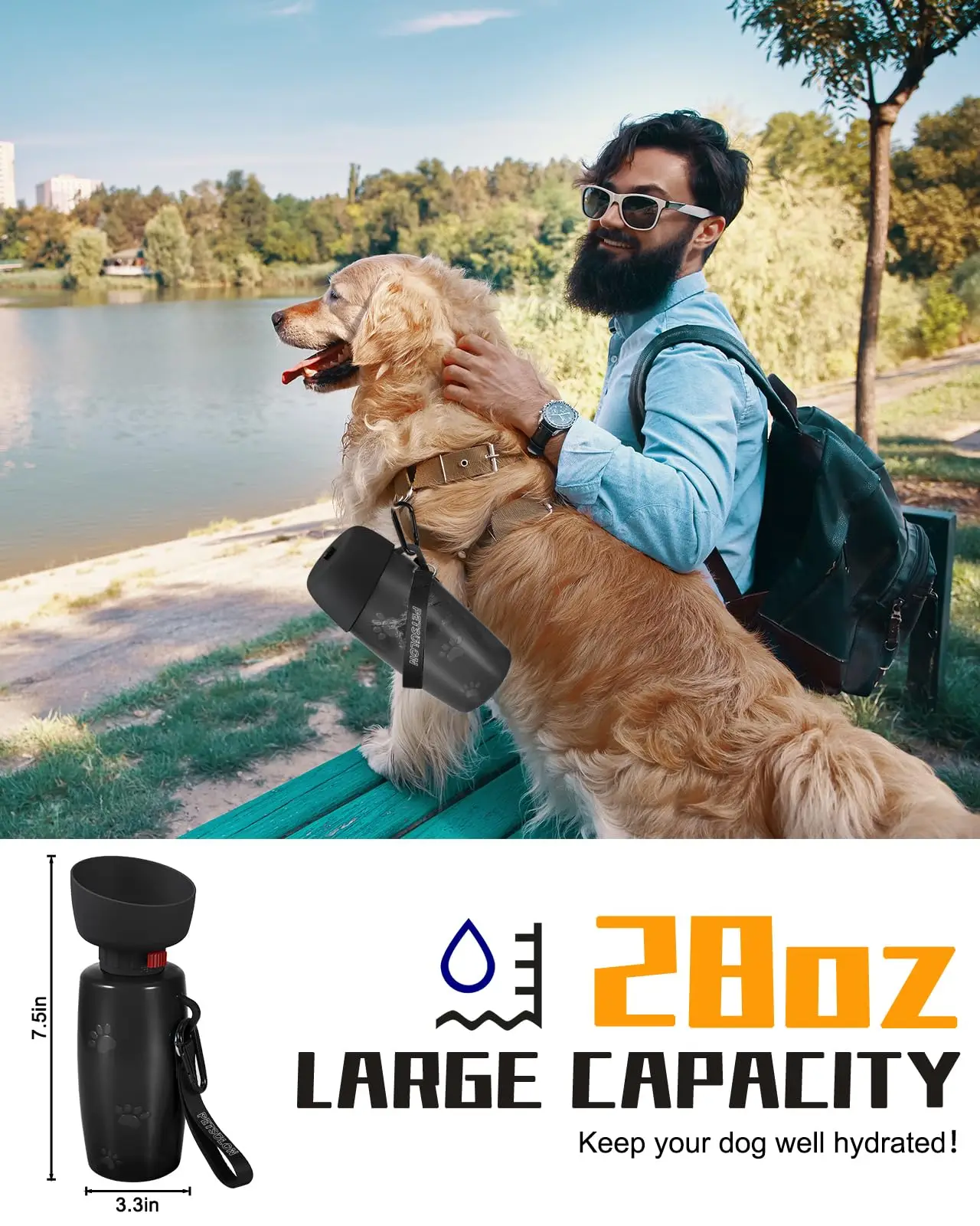 Dog Water Bottle 28 oz Leak Proof Portable Pet Water Bottles for Dogs Multifunction Design with Bowl Cap Food Grade Silicone