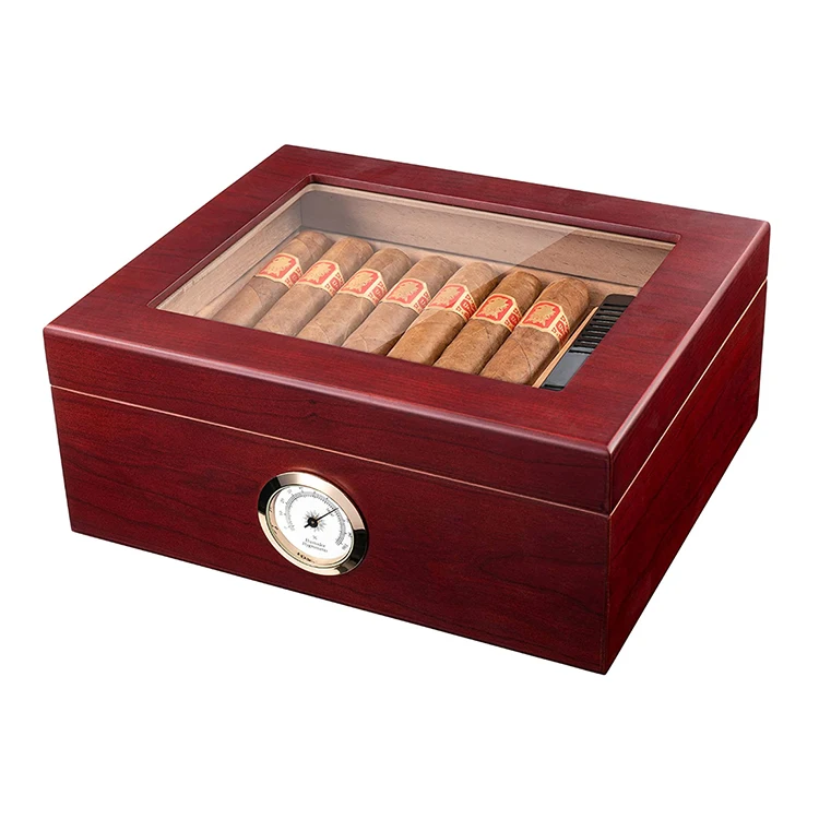 Digital Hygrometer Humidor Cigar Box Rich Cherry Cigar Humidor Box for 25-50 Cigars with Divider