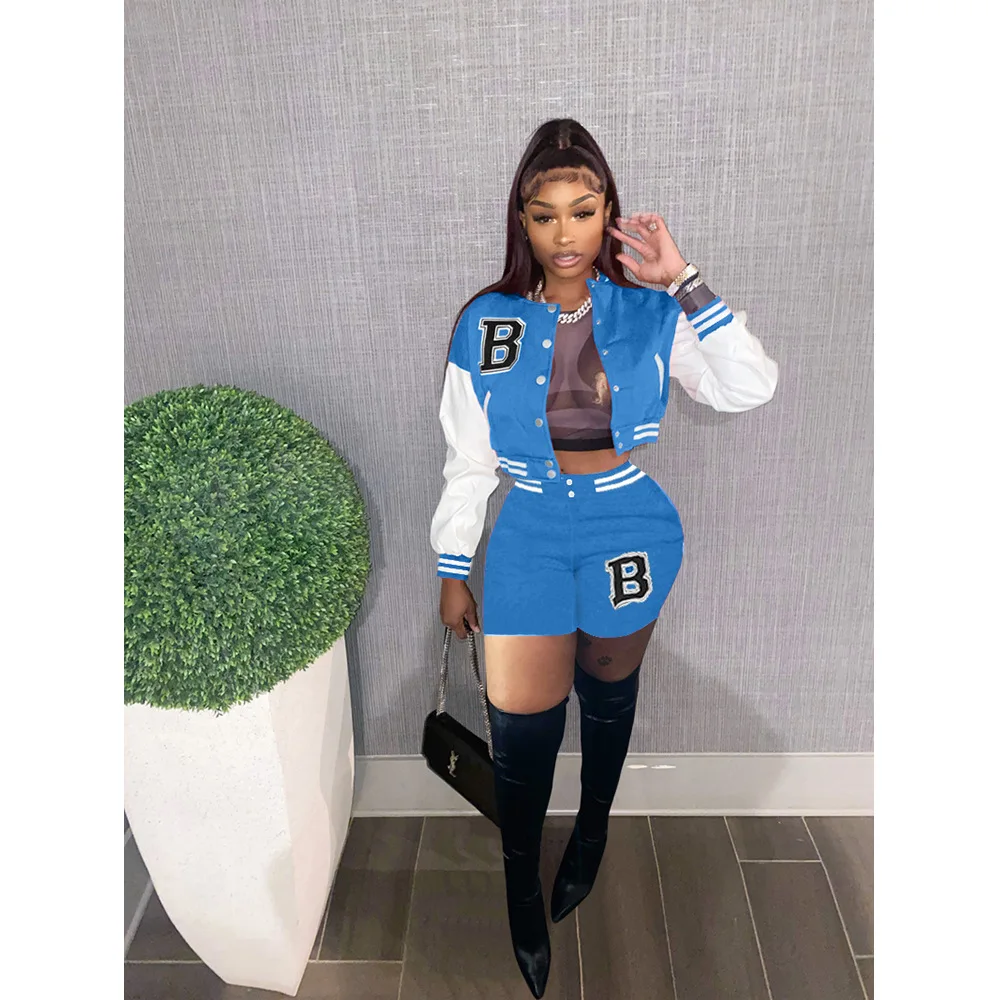 JY043 2022 spring female 2 piece short set letter baseball jacket tracking suit women clothing set