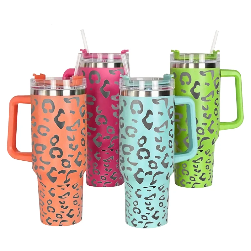 Stainless Steel Vacuum Insulated Travel Mug Leopard Cup 40oz Tumbler With Handle Lids And Straw