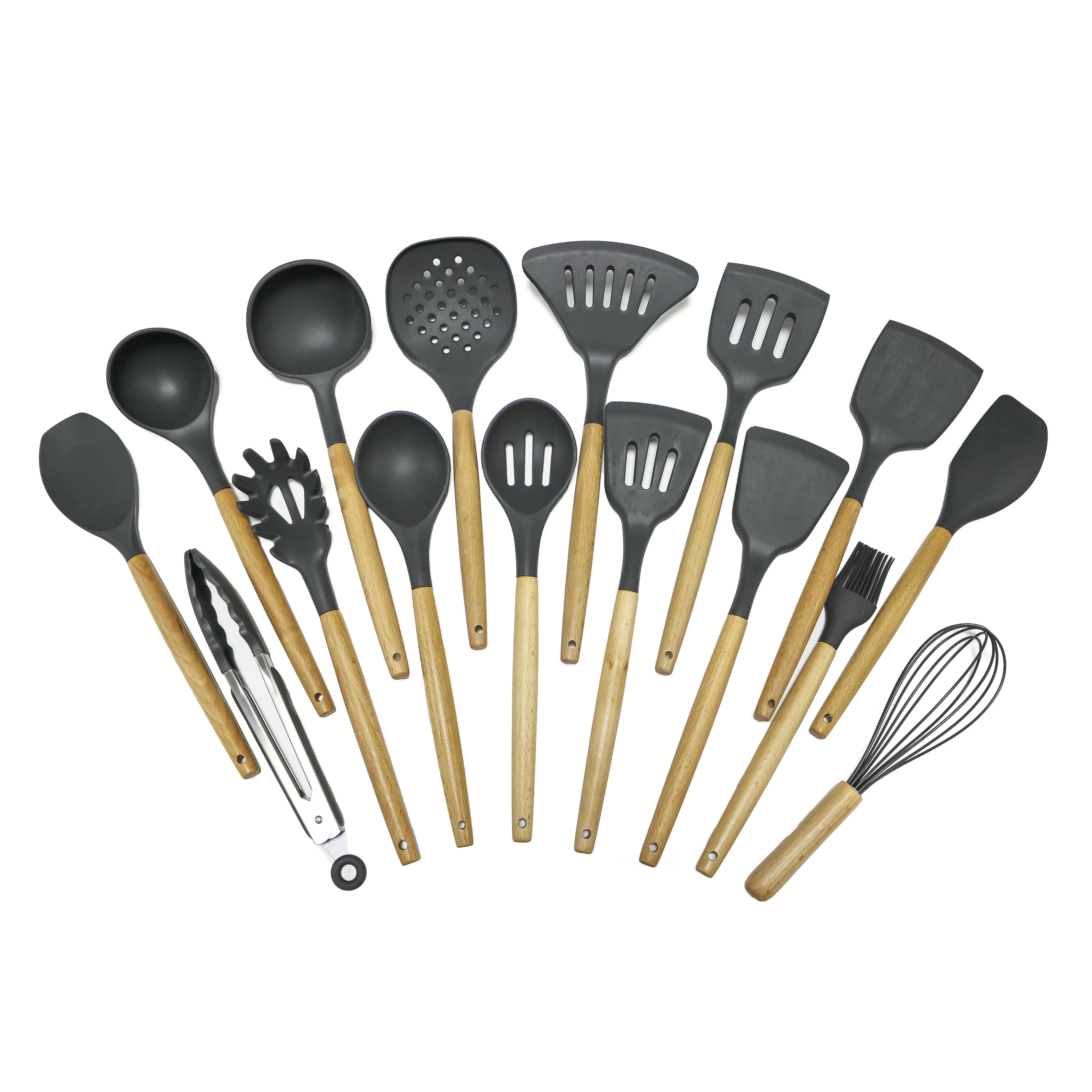 Amazon Hot Sale New Design 16 Pieces Kitchen Accessory Food Grade Wooden Handle Silicone and Nylon Kitchen utensil