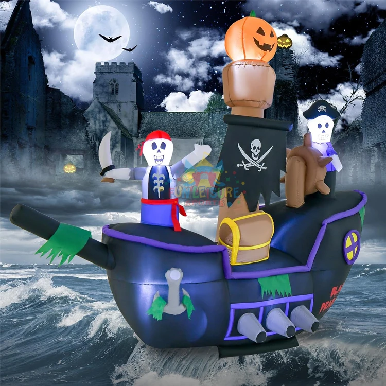 Blow-up yard decoration with bright led light 7ft halloween inflatable skeletons ghosts on pirate ship