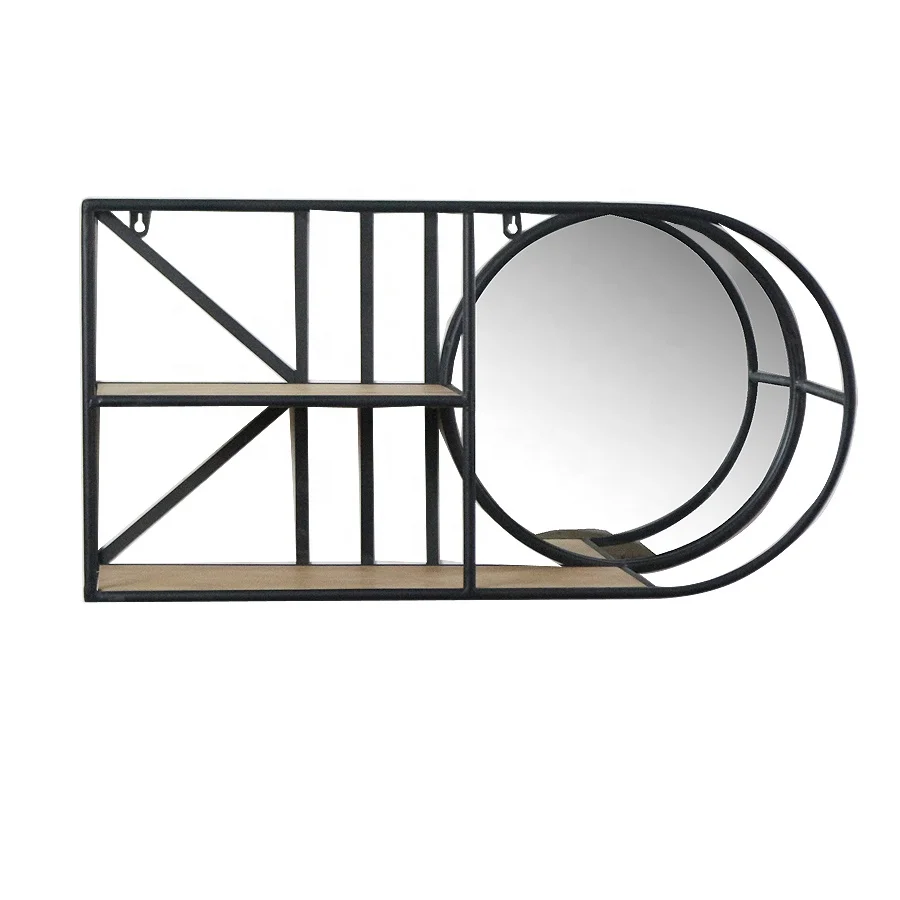 Multi-functional 2 Tier foldable Wall Mounted Display Standing Rack with Mirror Black Metal Wire Wall Storage Shelves