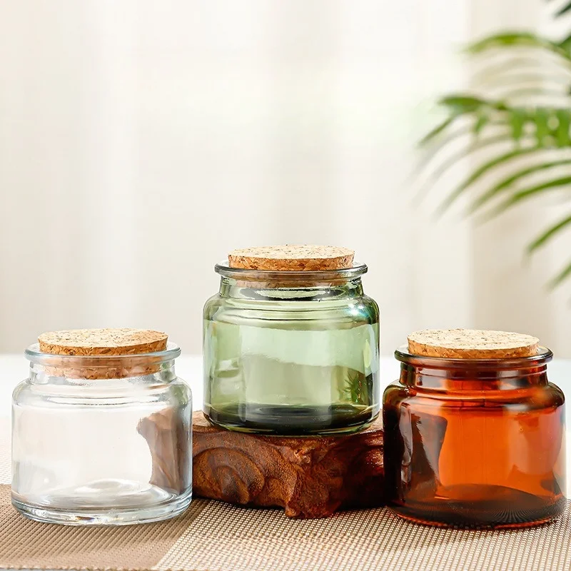 luxury small clear black amber green glass candle jar with cork lid wooden cork cap candle jar