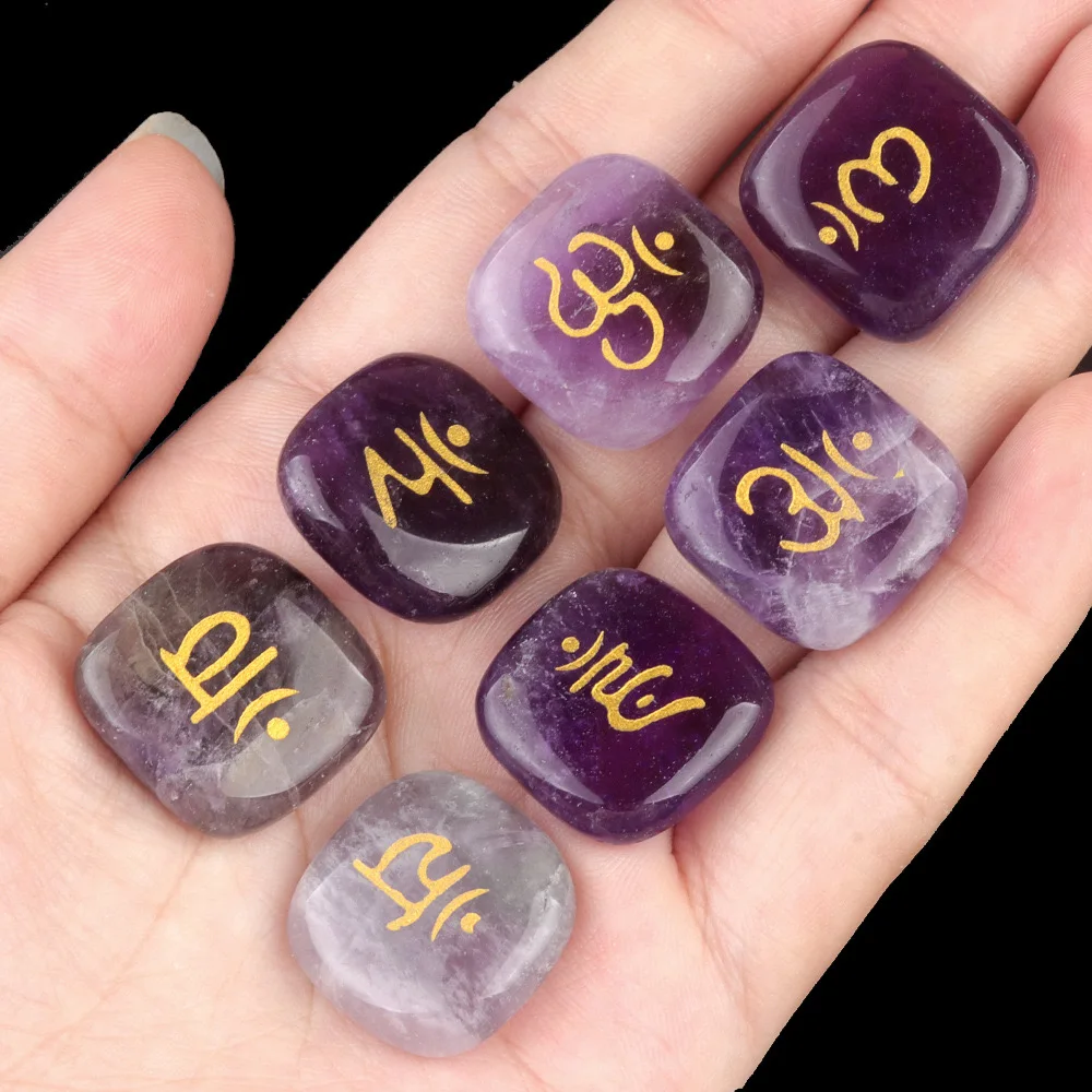 Wholesale Natural Amethyst Clear Crystal Engraved Rune Stones