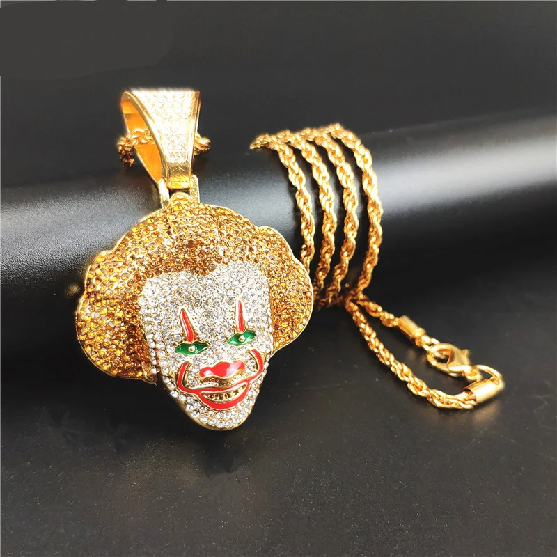 Hip Hop Bling Iced Out Horror Funny Clown Joke Necklaces Pendants For Men Rapper Jewelry With Tennis Chain
