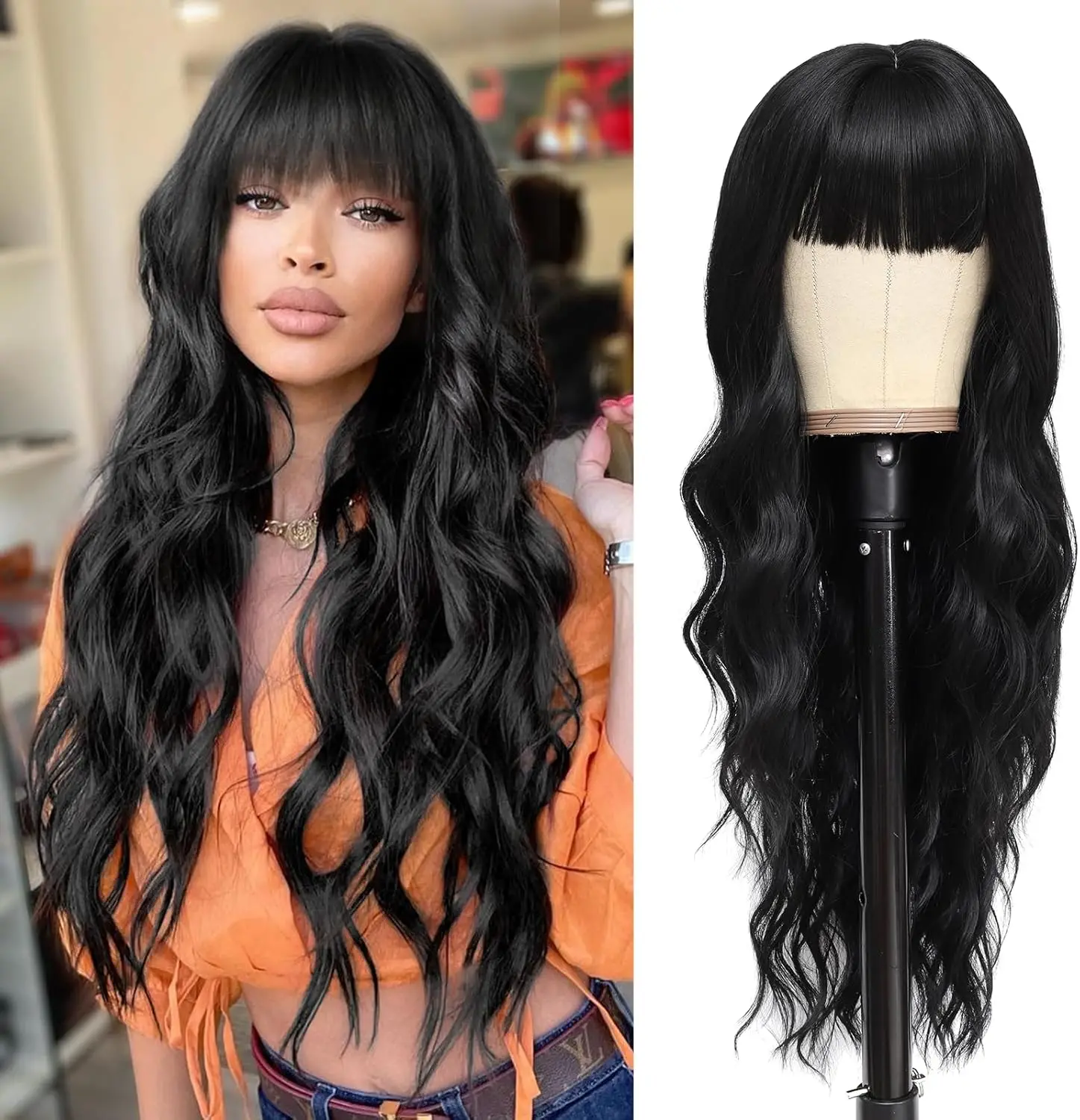 Wholesale Black Wig with Bangs 30 Inch Long Wavy Wigs for Women 28 Inch High Temperature Fiber Wigs for Daily Party Use