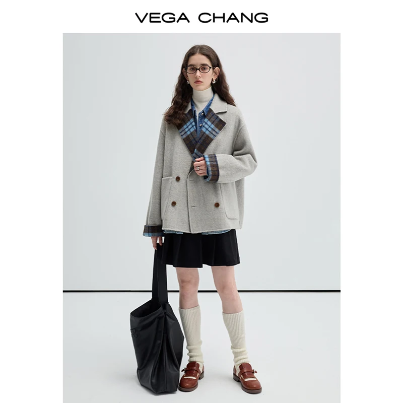 VEGA CHANG Popular Commuting  Design Sheep And Alpaca Wool Double-Faced Wool Tweed Plaid Wool  Coat