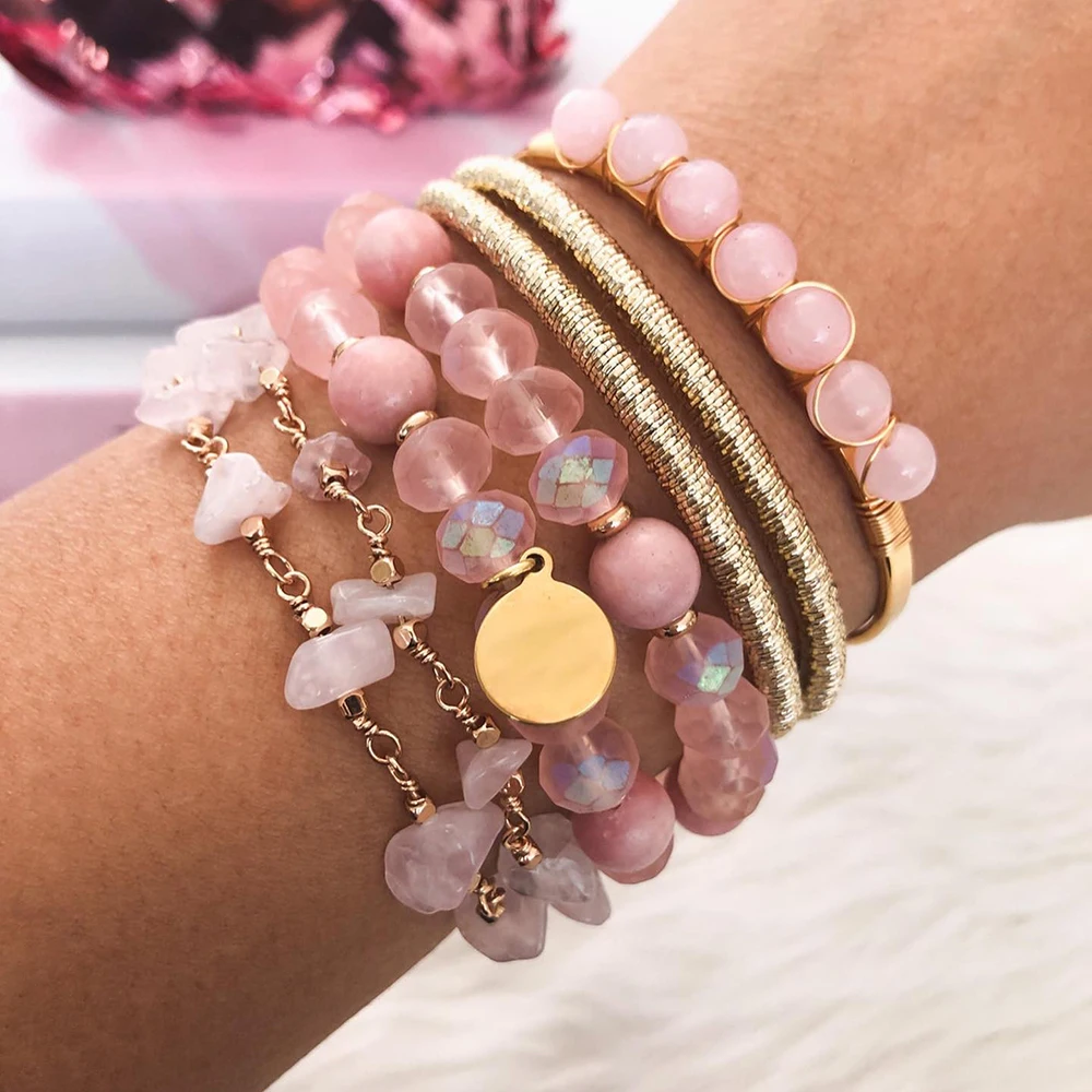 Boho Natural Stone Druzy Agate With Rose Quartz Crystal Howlite Stacked Beaded Bracelet Set,Healing Gemstones Gift for Her
