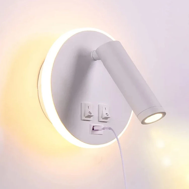 indoor surface mounted bed side led wall lamp with USB charging port for hotel bedroom
