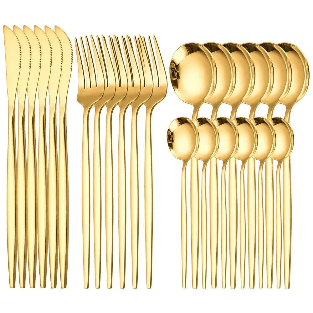 Wholesale 24pcs Gold Silverware Restaurant Wedding Party Home Stainless Steel 24 pcs Flatware Spoon Fork Knife Cutlery Set