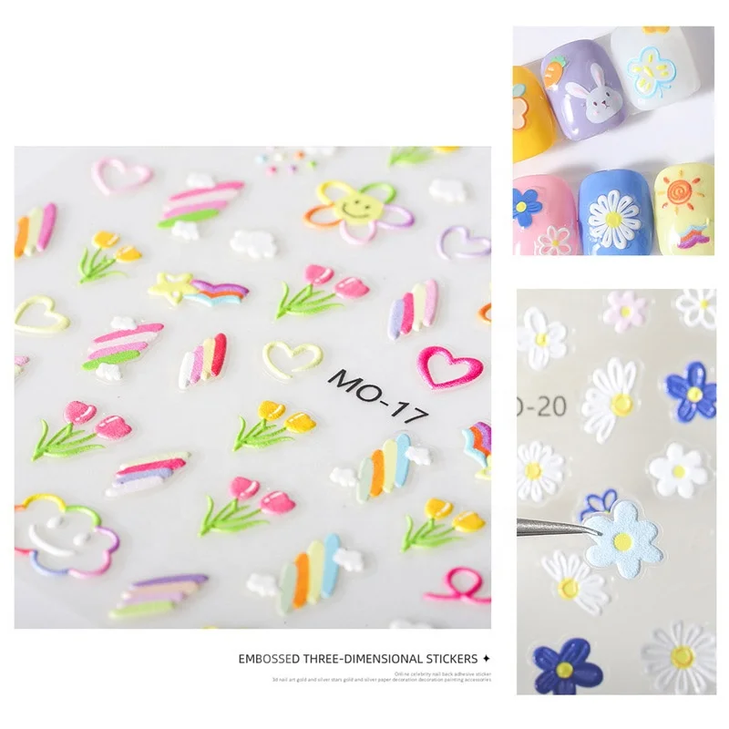 Hot sale 5D embossed cute flower nail art stickers adhesive diy rabbit nail decals decoration manicure