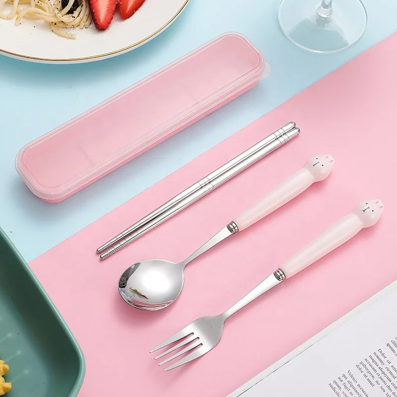 Cartoon Ceramic Handle Fork Spoon Chopstick Cutlery Set Cute Kids Stainless Steel Flatware Set Portable For Children