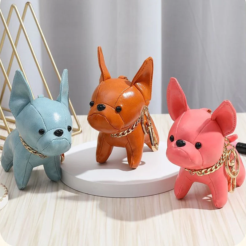 Factory Sale 12cm Mini Lovely Leather Cartoon Puppy Plush Doll Key Ring PU Bulldog Plush Toy Keychain Dog Pendant Present