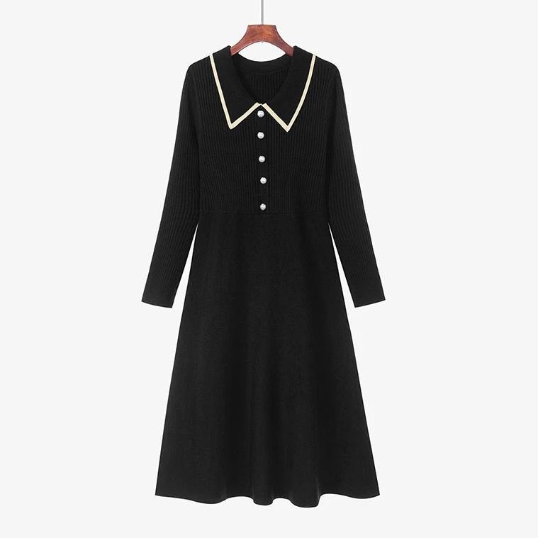 Custom Autumn and Winter Ladies Elegant Casual  Polo Pearl Cotton Long Sleeves Knitted Plus Size Sweater Dresses