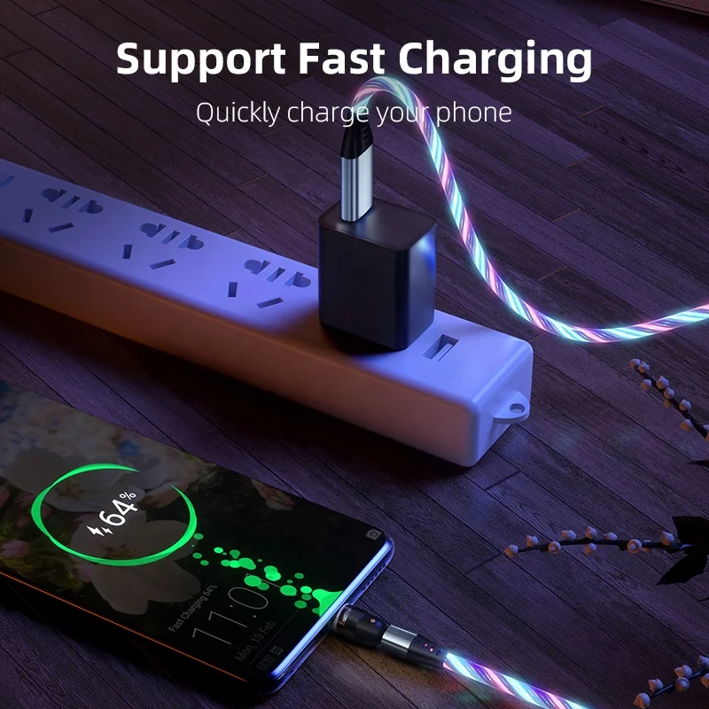 360 Degree Rotate+180 Degree Bent 3 in 1 Luminous Magnetic Data Cable Automatic Streamer 3A Fast Charger Cable