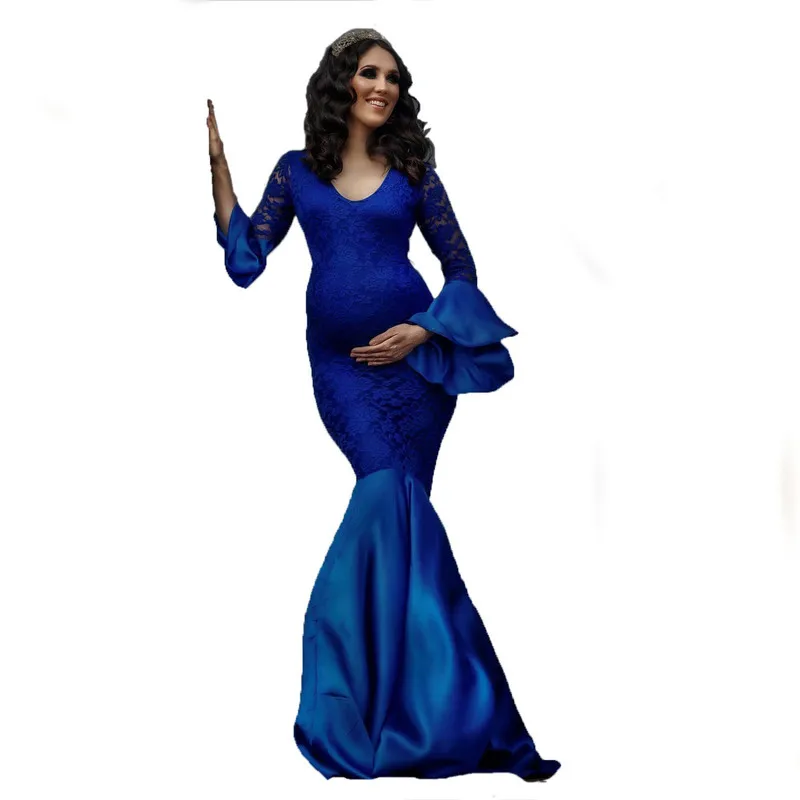 Maternity Baby Shower Dress O-Neck Long Sleeve Lace splicing Maxi Gown Pregnant Women Fancy Photo Shoot Photography Prop Clothes