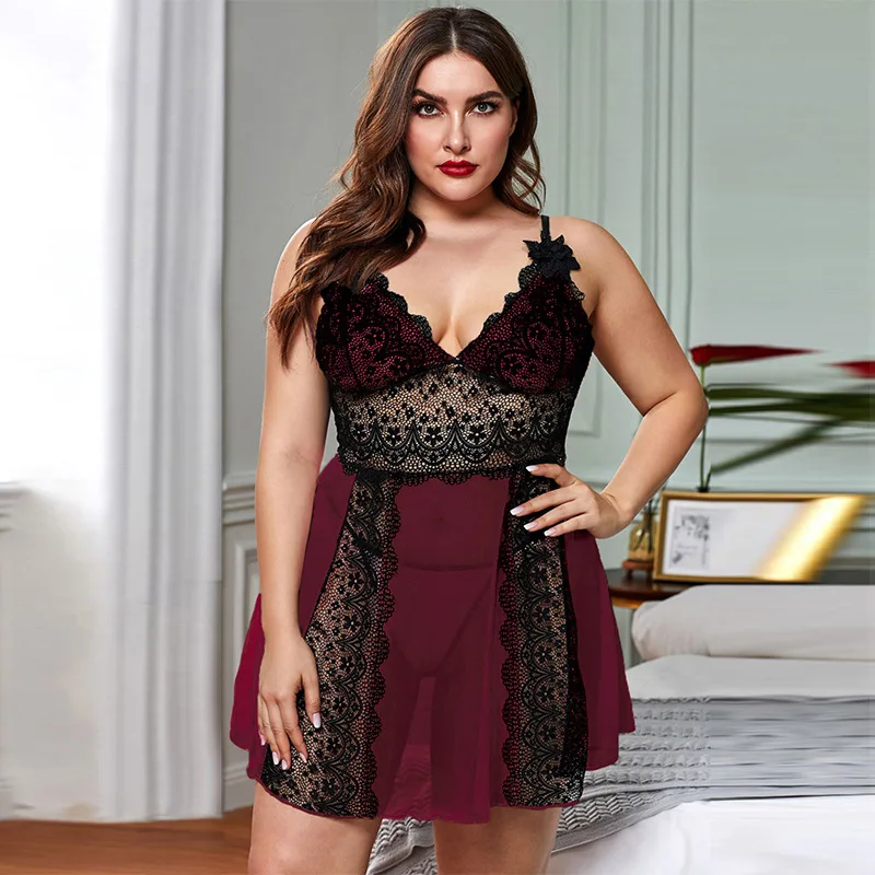 Plus Size Sexy Lace Sleepwear Night Dress Women Hollow Out V-neck Sleeveless Dress + Thong Female Nightwear Nightgown Set
