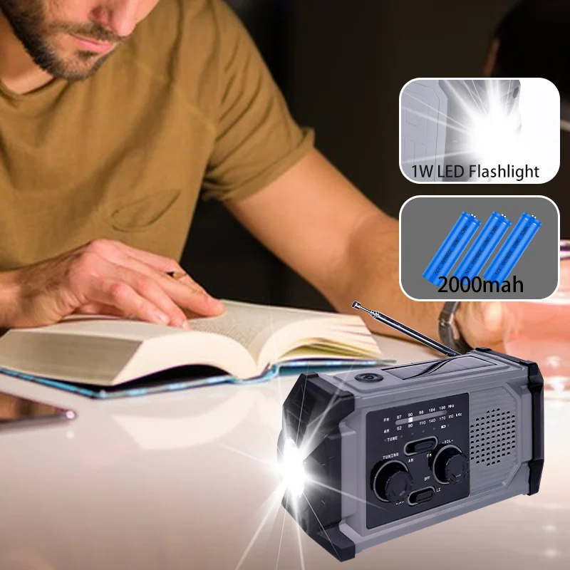 Hot Solar Charger 3 Model Flashlight SOS Alarm Weather Radio Emergency Hand Crank Waterproof Solar Radio 2000mah