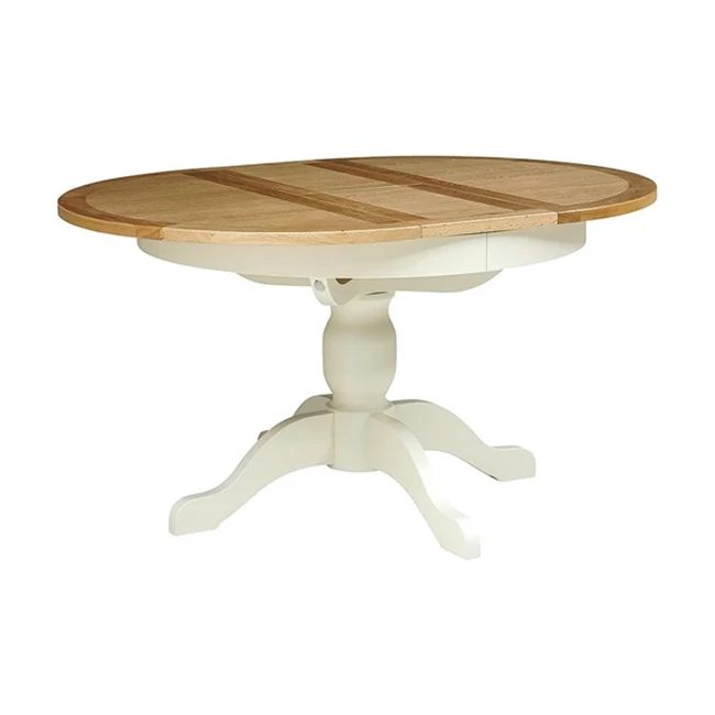 White Antique Design Morden Dining Room Kitchen Oak Solid Wood Folding Dining Table  Round 110-145cm Extendable Dining Table Set