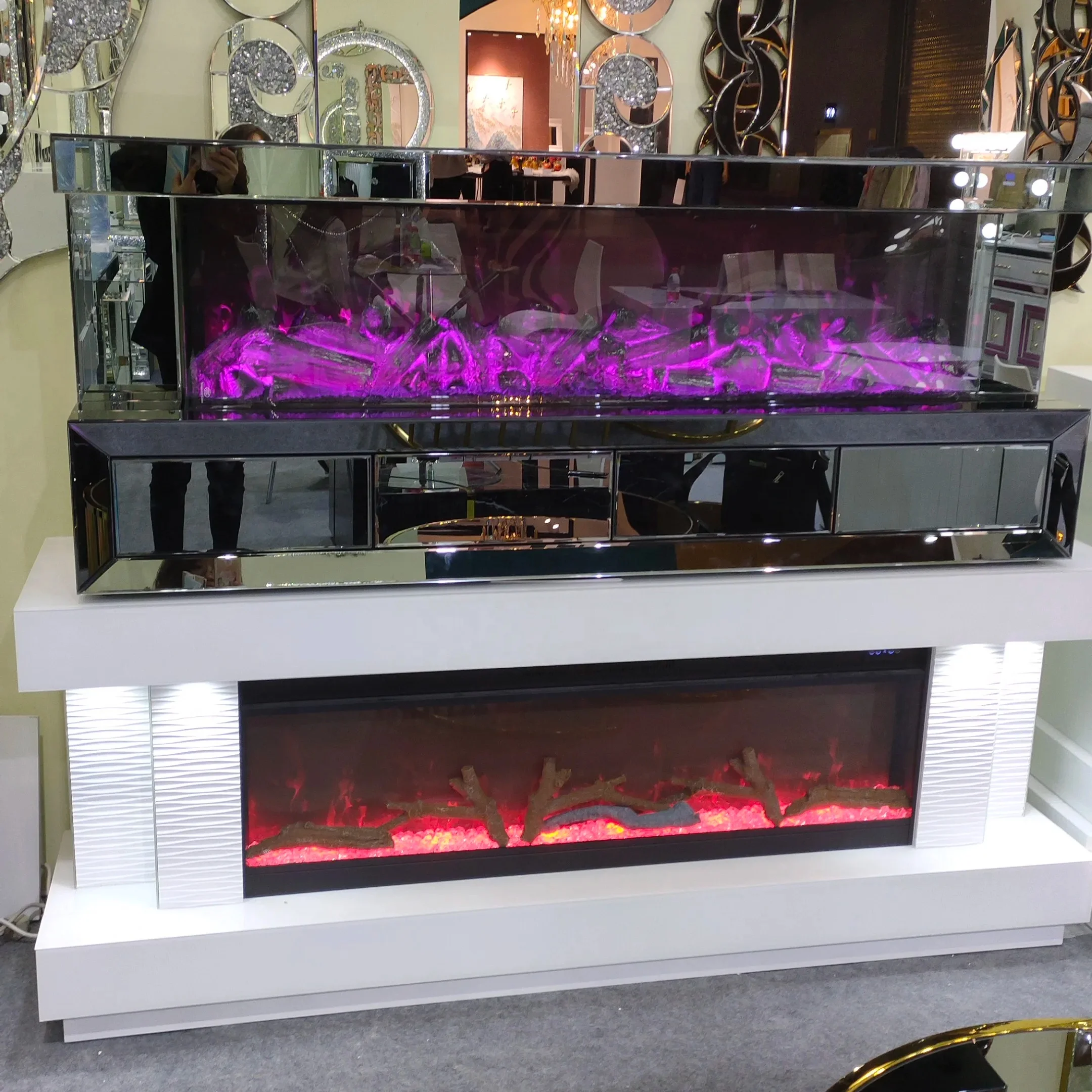 Hot Sale Mirrored TV Stand with Electronic Fireplace Decor Multiple color flames Muebles Meubles Mobles Moebel Mebles Rugs Sofa