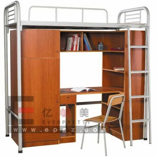 Modern Style Design School Dormitory Furniture Single Bunk Bed with Wooden Wardrobe