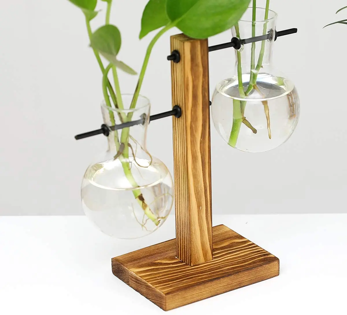 2 Pack Plant Terrarium with Wooden Stand Air Planter Bulb Glass Vase Propogation Station for Hydroponics Plants Home Garden Offi