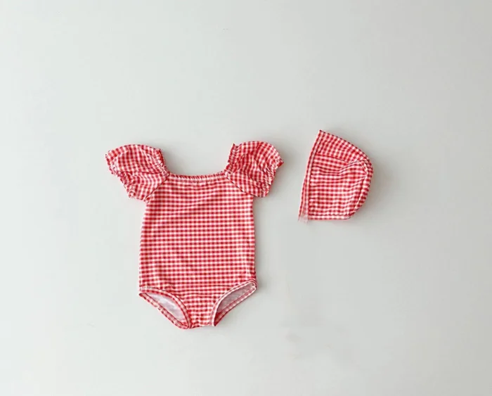 INS Newborn Baby Girls Swimsuit Summer Beach Romper Swimwear Costume With Hat Child Kids Bubble Sleeve Outfits Swimming Clothes